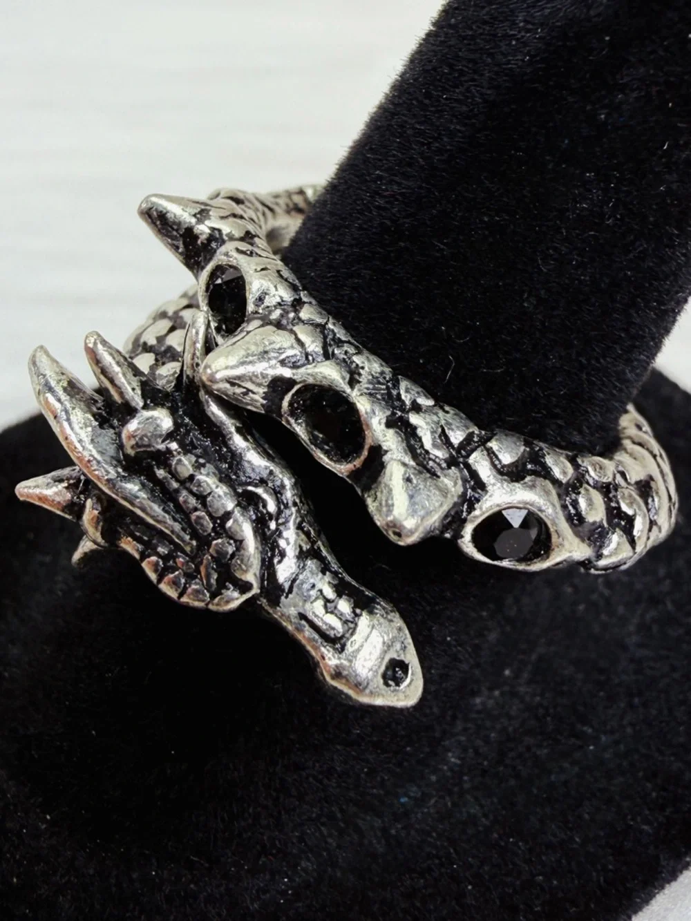 Beautiful silvertone, black bling, dragon coil costume ring
